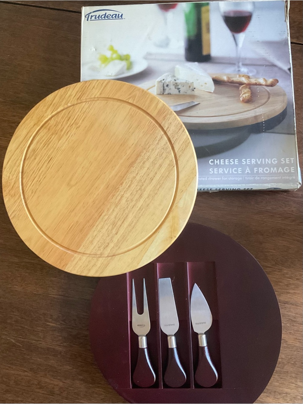 Trudeau Cheese Serving Set with Burgundy Tool Base and Natural Wood Board